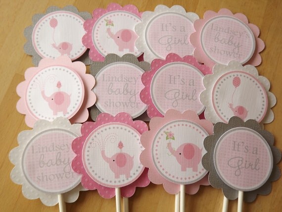 Pink and Grey Elephant Collection: Cupcake Toppers Il_570xn