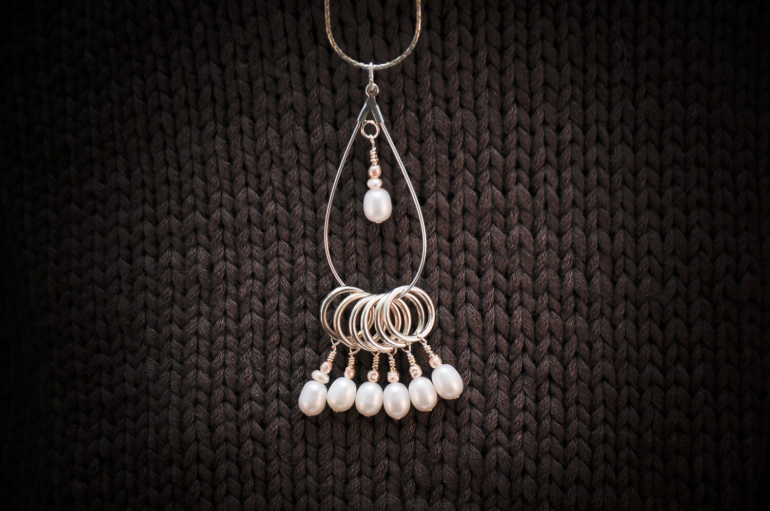 Silver Stitch Marker Necklace Genuine Freshwater Pearls White Ivory Champagne - 37L