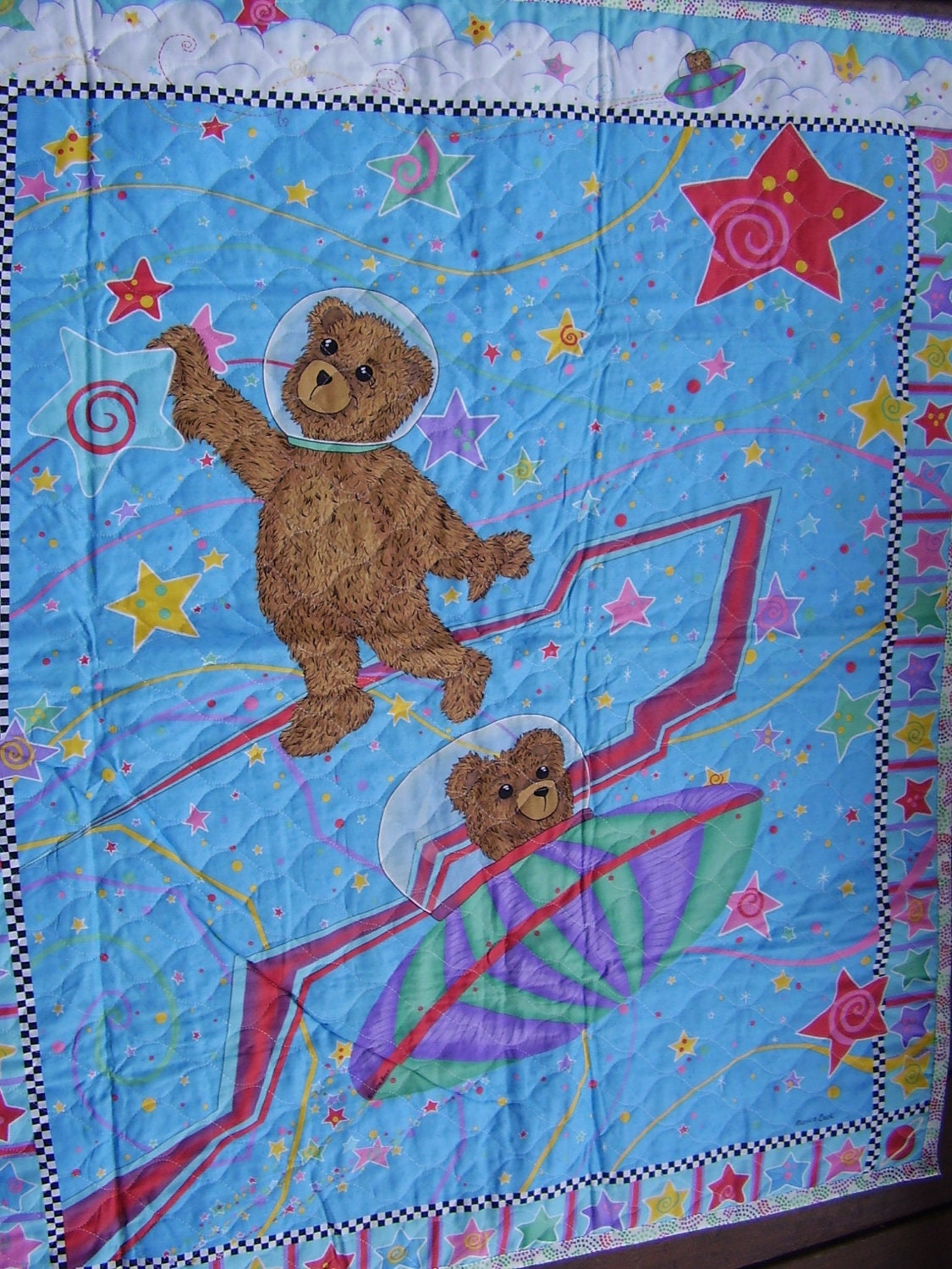 Outer Space Ship Teddy Bears Stars Polka Dots Reversible Baby Quilted Quilt Blanket
