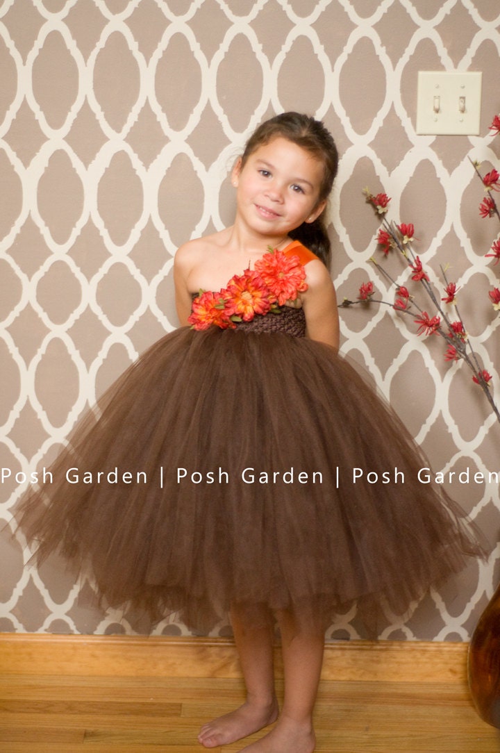 Autumn Angel tutu dress. Brown tulle brown crochet top with Fall flowers