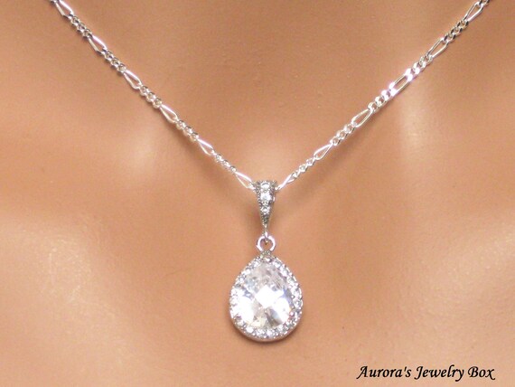 Wedding Necklace. Bridal Necklace. Cubic Zirconia Pendant. Bridal Jewelry. Wedding Jewelry. Rhinestone. Crystal. Bridesmaids Jewelry - Grace
