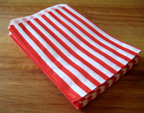 Red Striped Candy Bags - 25 - Paper Sweet Shop or Candy Buffet Bags - 5x7