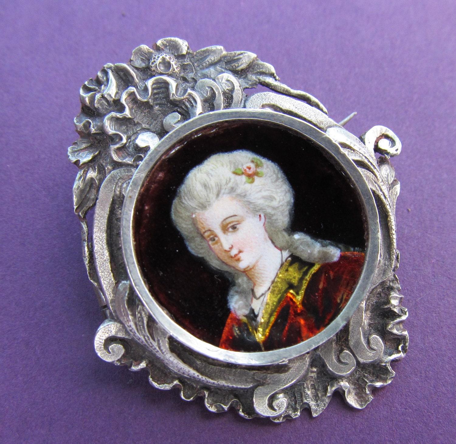 Marie Antoinette Sterling Silver And Enamel Brooch, Antique French Limoges Pin