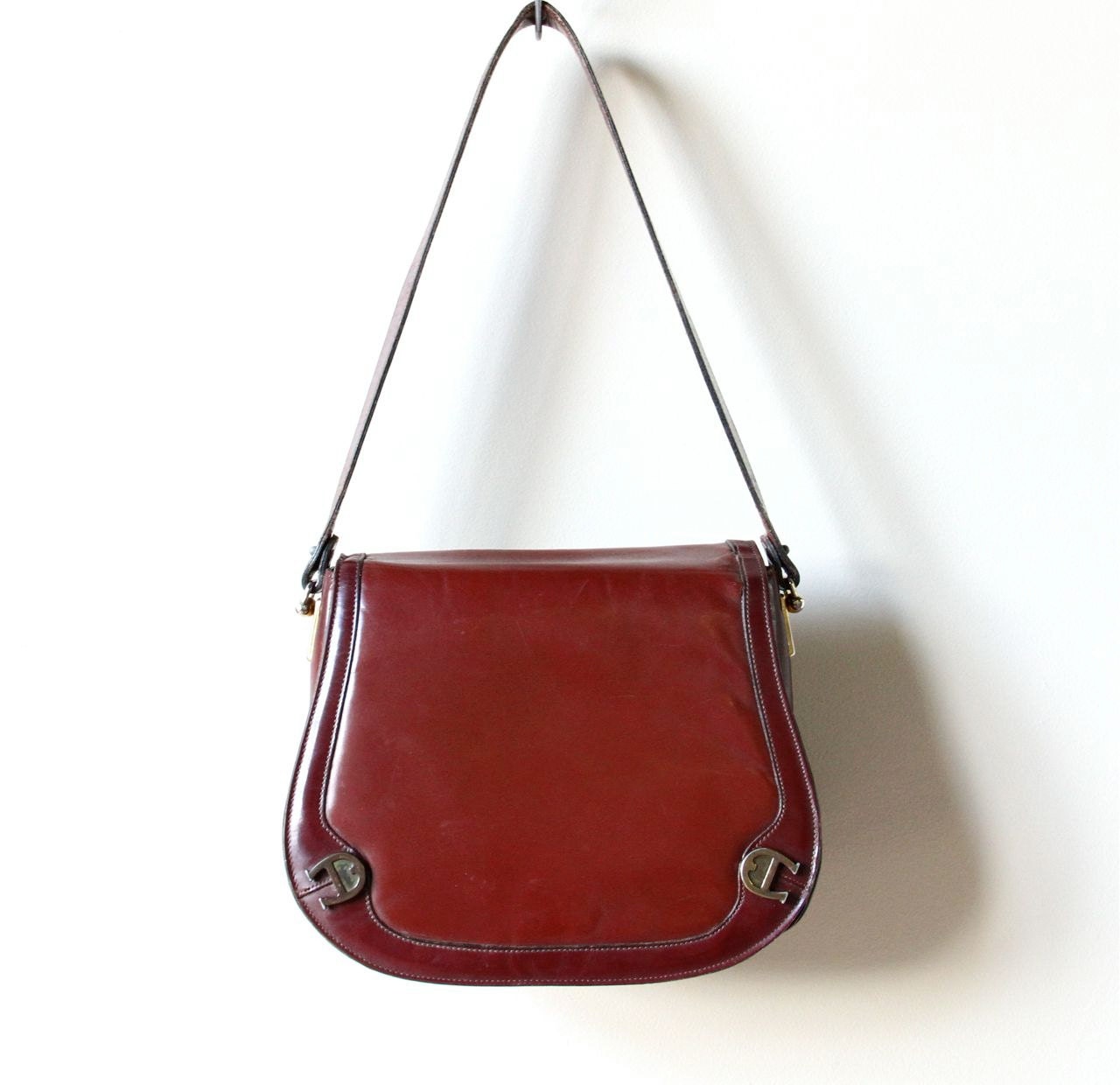 adjustable leather purse for strap vintage Saddle chestnut leather Aigner Purse, 70s oxblood brown Bag