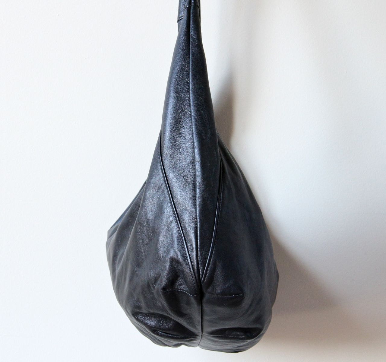 80s Soft Black Leather Hobo Bag, vintage slouchy avant garde adjustable tie strap punk rock bohemian crescent purse, minimalist sac handbag