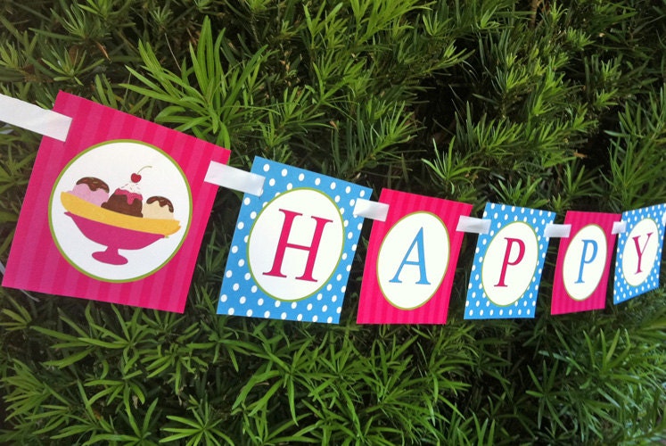 Instant Download - Printable Ice Cream Happy Birthday Banner - Ice Cream Brights Collection