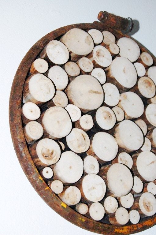 wood slice wall sculpture -rustic wall art - tree ring art - metal wood wall art - urban nature - rustic modern