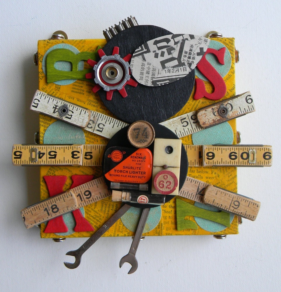 Recycled Art Collage - "Blackbird (Rulers)" - Original Mixed Media
