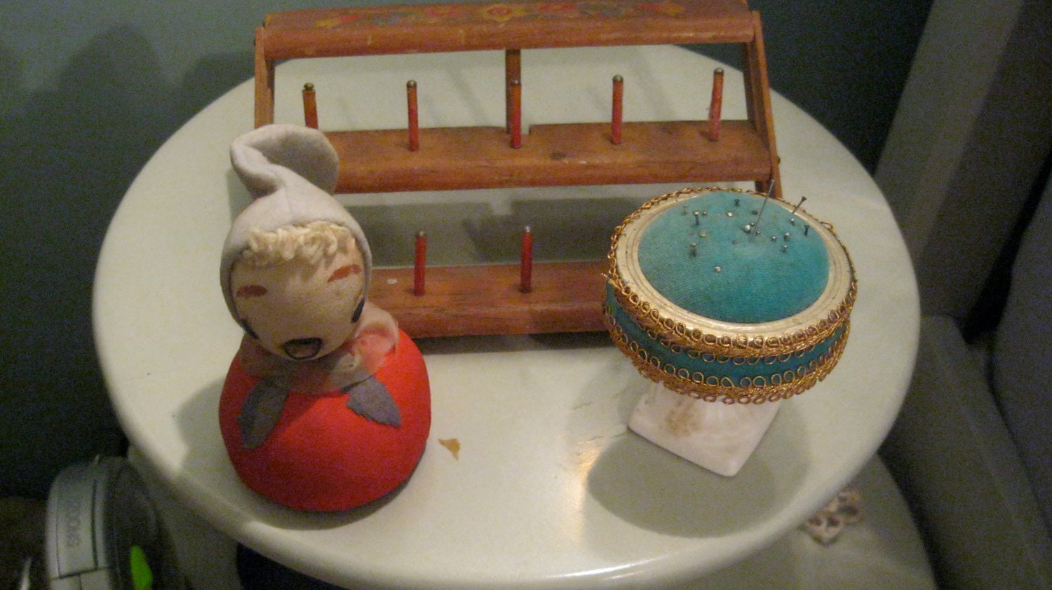 Antique Spool Thread Holder / Inarco Pincushion / Adorable Measuring Tape Pincushion / Sewer Supplies