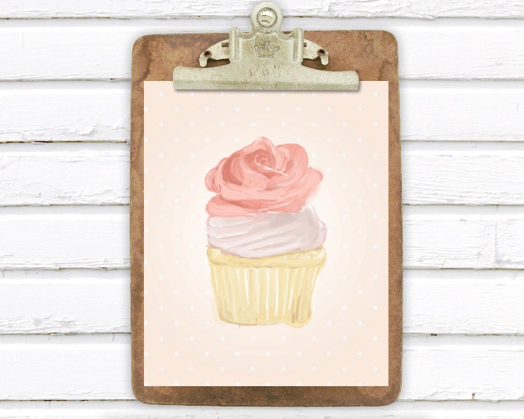My Cupcake Vintage Style 8x10 Art Print Digital Artwork Photo Print Pink Watercolor Retro Food Illustration