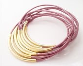 Fruit Punch Pink Leather Bangle Bracelets with Gold or Silver Tube Accents