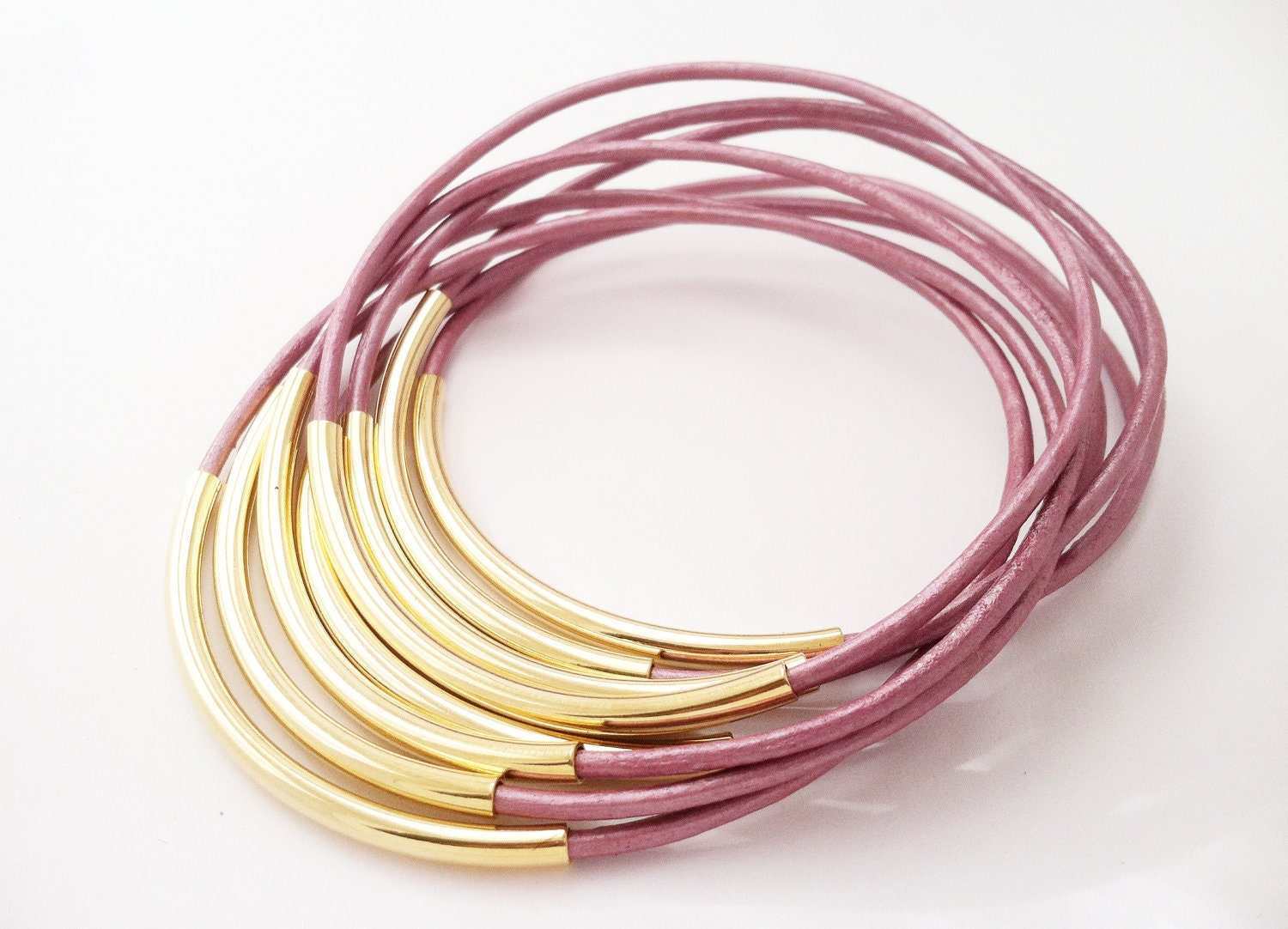 Fruit Punch Pink Leather Bangle Bracelets with Gold or Silver Tube Accents