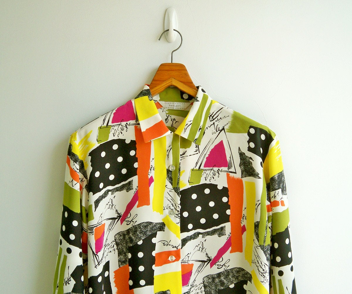 Vintage Polka Dot and Color Brush Stroke Art Printed Long Sleeves Shirt LARGE