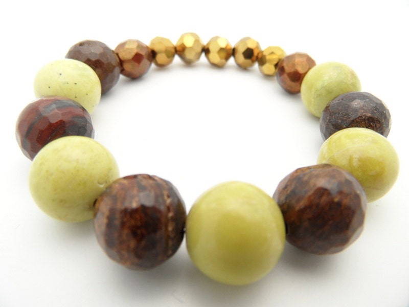 Gold Beaded bracelet - Yellow Chocolate Brown Semi Precious Stone Beads  and Czech Glass, Autumn Bracelet