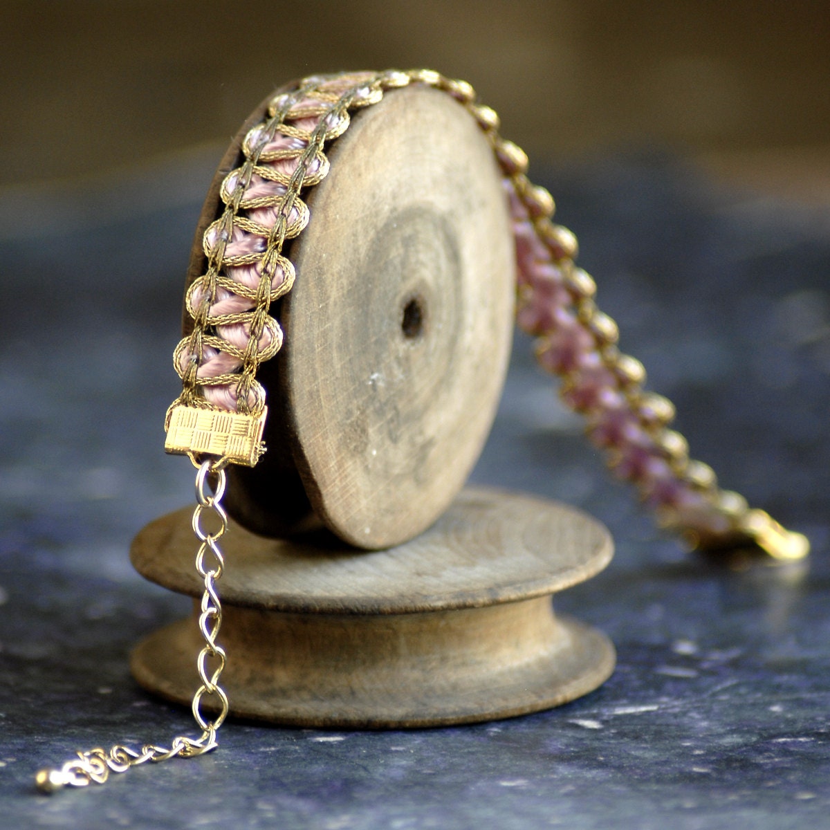 Genuine Antique Gold Passementerie Trim Ribbon Bracelet with pink silk accent