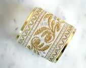 Handmade Antique French Silk Ribbon Bracelet Cuff in Ivory, Gold, & Silver motif, embellished with Swarovski crystals, Ideal for Wedding