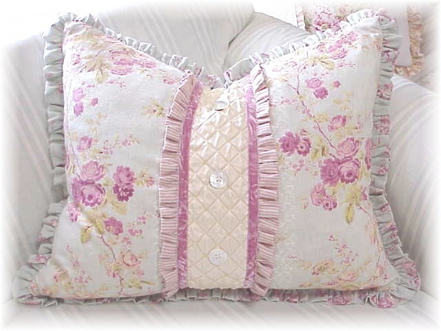 Romantic Cottage Chic Pale French Blue Raspberry Pink Cabbage Rose Floral Fabric Pillow