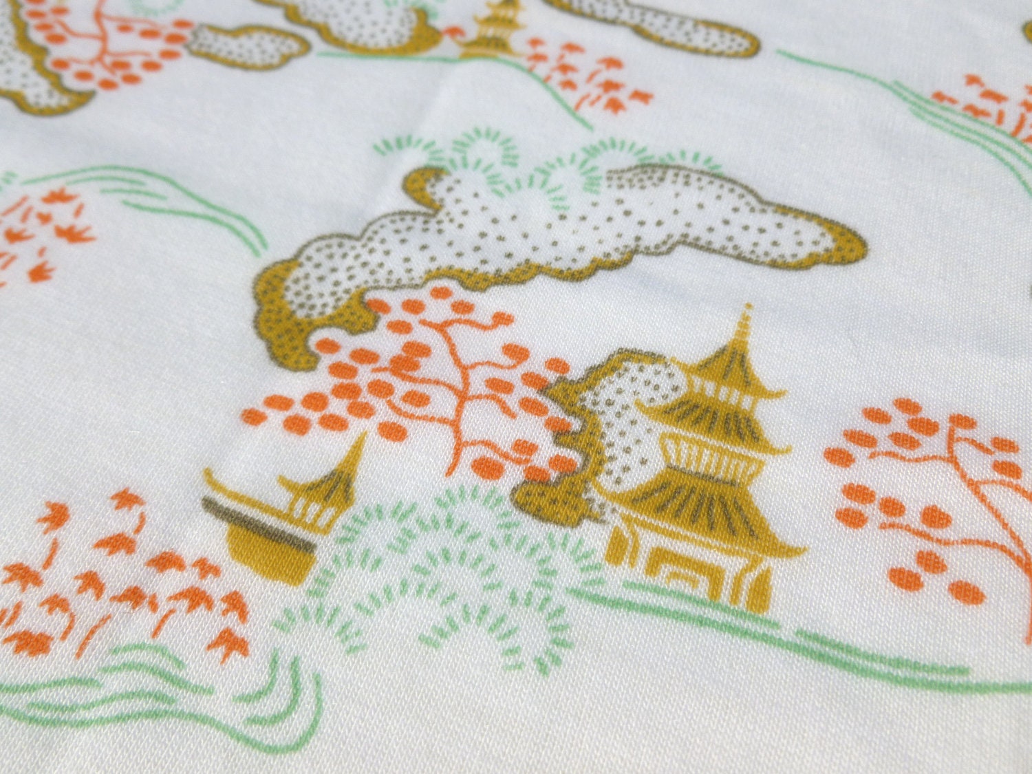 Chinoiserie Fabric with Asian Landscape, Pagodas, Trees and Clouds Stretch Cotton Polyester Blend Knit 1 Yard Destash by Klopman Mills