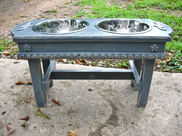 Antique Gray Distressed Two Bowl Elevated Dog Bowl Pet Feeder For Large Dogs- Made To Order
