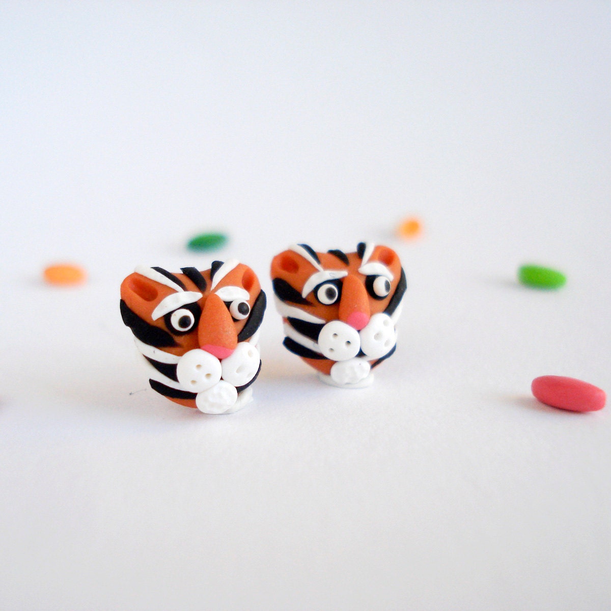 Bengal Tiger Post Earrings Handmade jungle jewelry in polymer clay