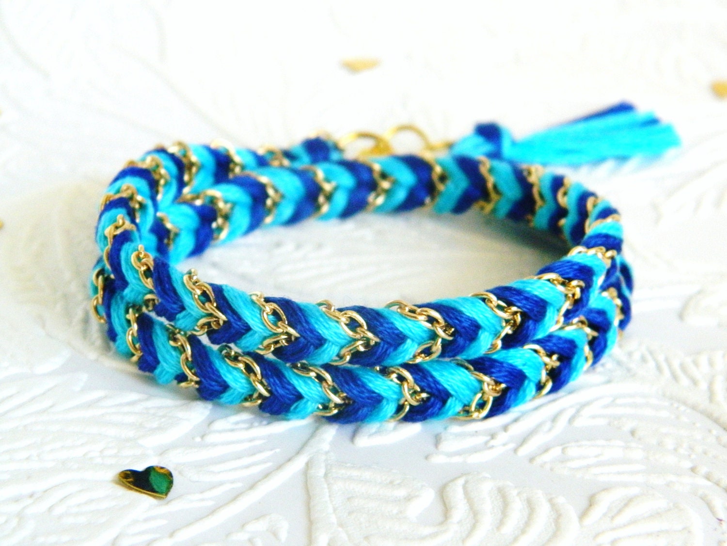 Neon Capri Blue & Rich Navy - Chevron Braided Double Wrap Modern Friendship Bracelet - Gold Chain
