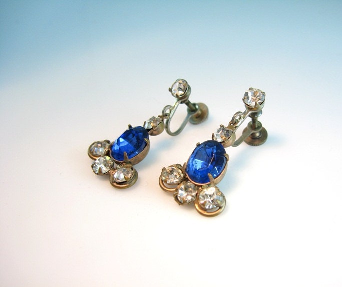 Vintage Rhinestone Earrings Dangle Sapphire Blue & Clear Paste Screw Backs 1940s Jewelry