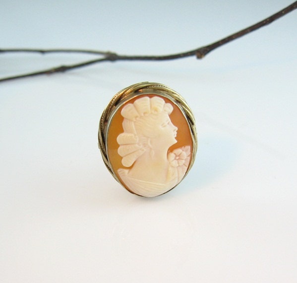 Art Deco Cameo Pin or Pendant  Carved Shell Lady Profile Sterling Silver 1940s Jewelry