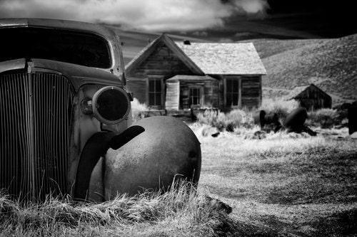 Black and white 8x10 Fine art print of a car in the ghost town of Bodie, california