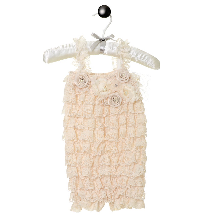 Lace Petti Baby Romper, Ivory with Flowers and Rosette Embellishments, Baby Rompers