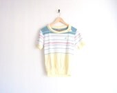 vintage 70s shirt / pastel pink yellow blue / striped shirt / preppy tennis shirt