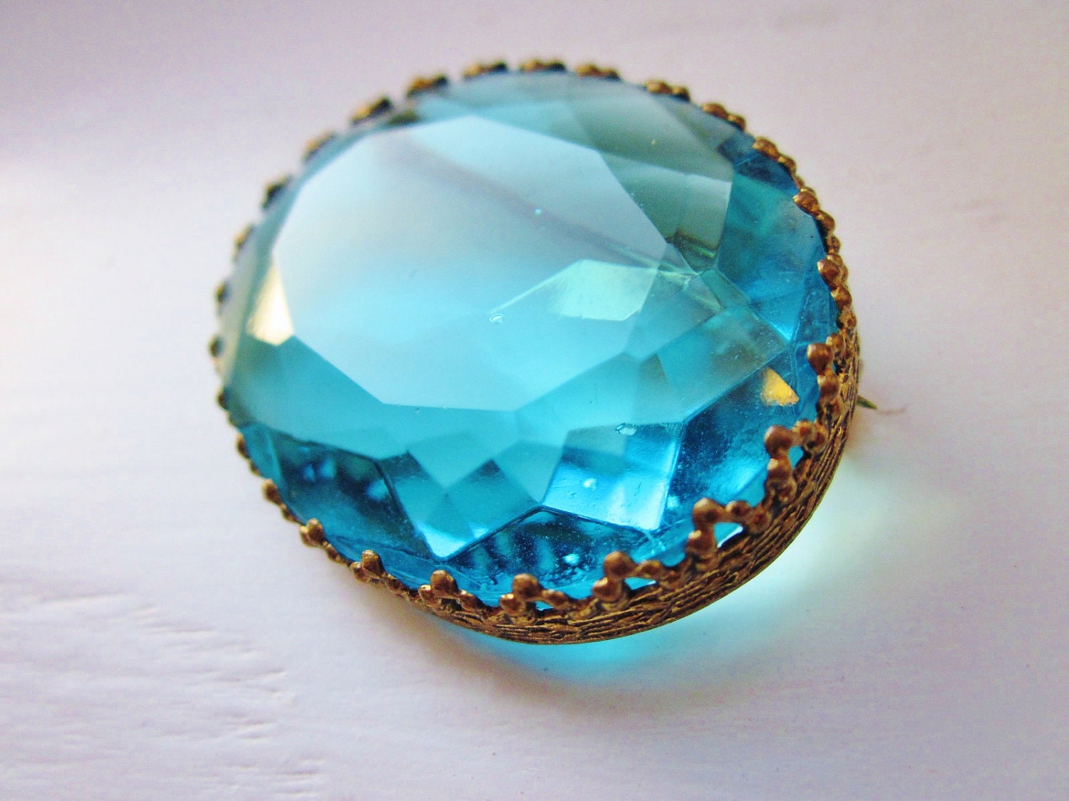 Art Deco Brooch HUGE Aqua Blue Faceted Glass Gold Brass Vintage 1930s Jewelry