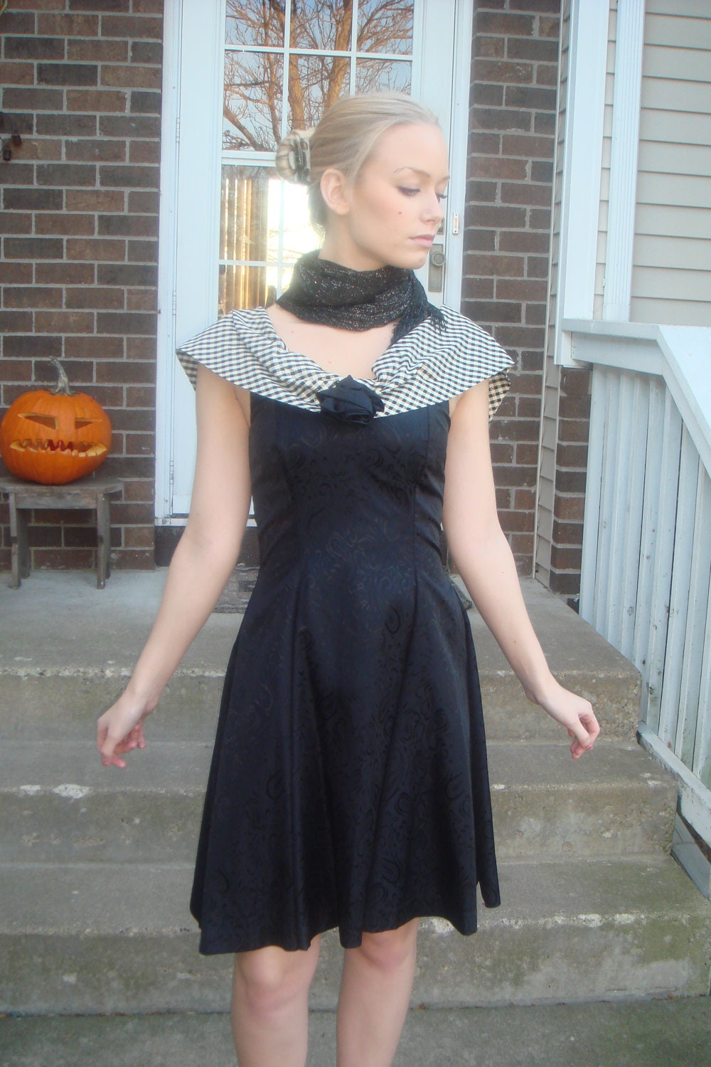 Authentic Original 1950S Dress. custom sewn .one of a kind. genuine 50s. size medium. ladies 5/6 . brocade fabric.houndstooth metallic yoke.
