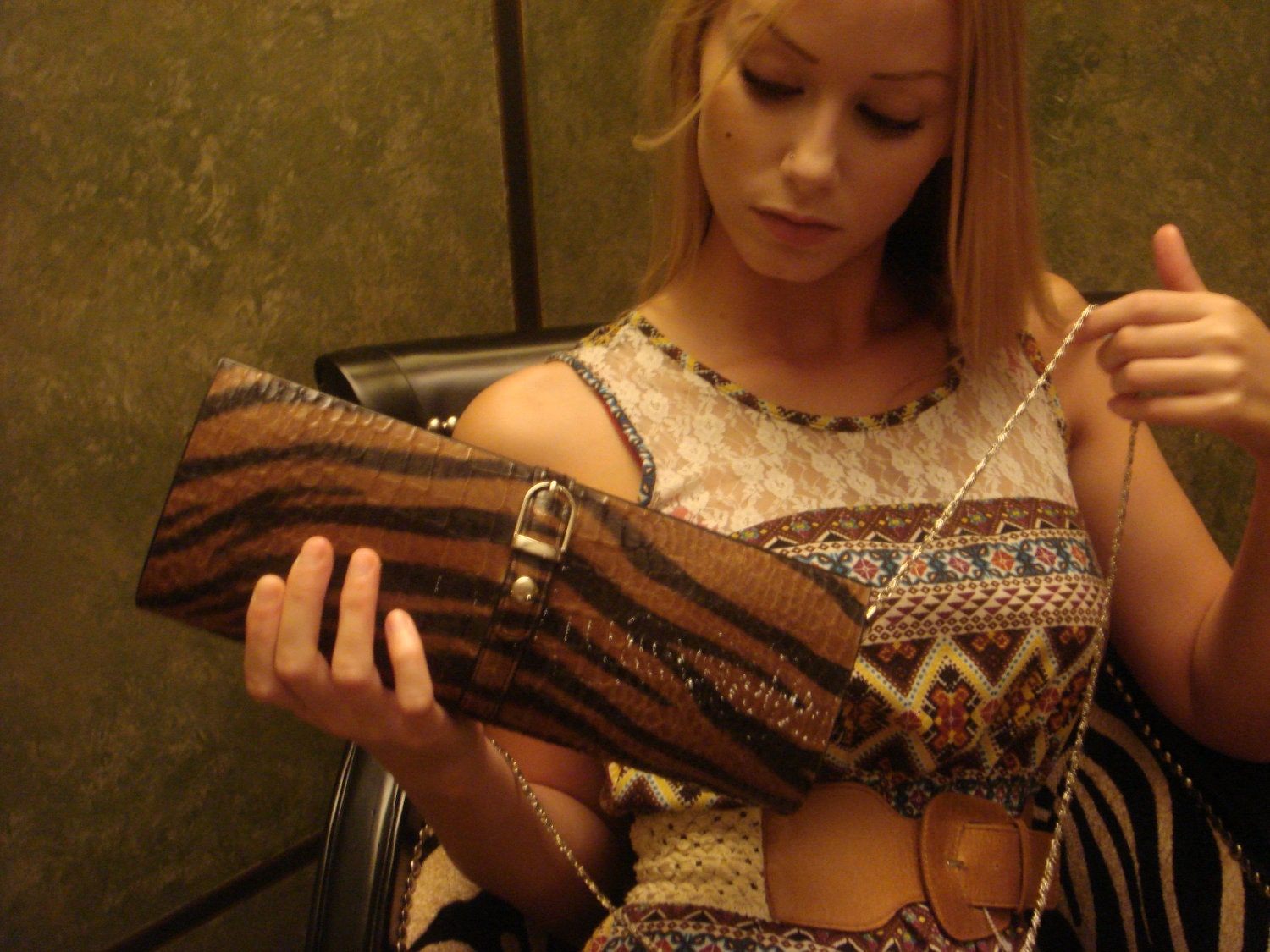 Vintage Genuine Snake skin PURSE / Tiger pattern /Handbag Clutch /Hard Box Purse /Minaudiere style/cocktail hour/LADIES Couture fall purse