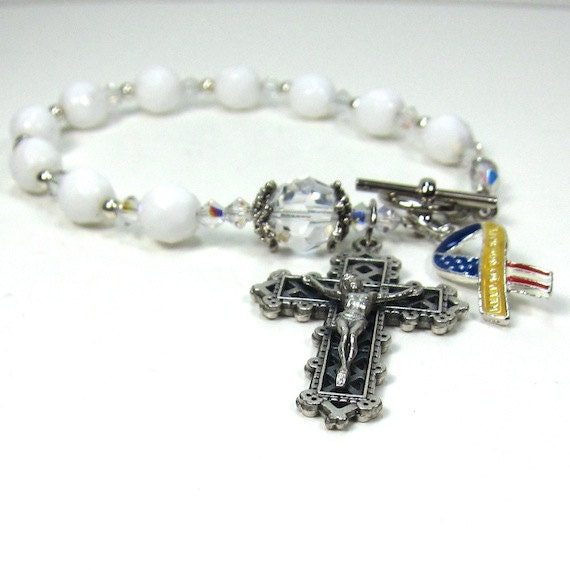 White Rosary Bracelet Keep My Son Safe Flag Ribbon Crucifix Catholic Vintage Swarovski Crystal Bead