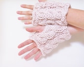 Titania's Fingerless Gloves Knit in Pale Rose - Light Pink Cabled Wrist Warmers - Alpaca - READY TO SHIP