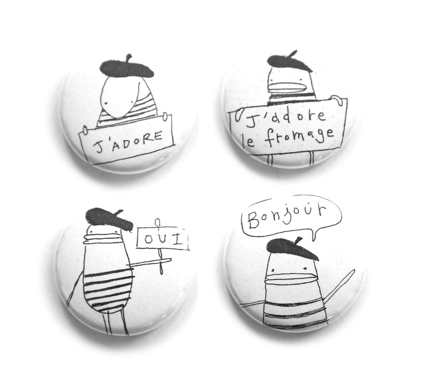 Cute Fridge Magnets, Unique Party Favor, Adorable Gift Idea, Set of Four - Bonjour, Oui, Fromage, J'Adore, Little French Poosac