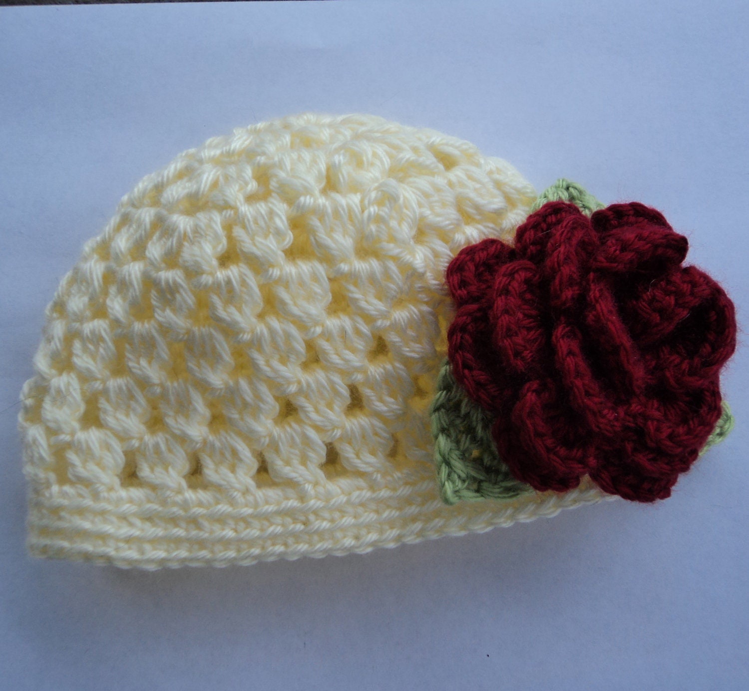 Crochet Baby Hat, Infant, Beanie, Handmade, Photo Prop, Vanilla, Cream, Burgundy Flower, Spring