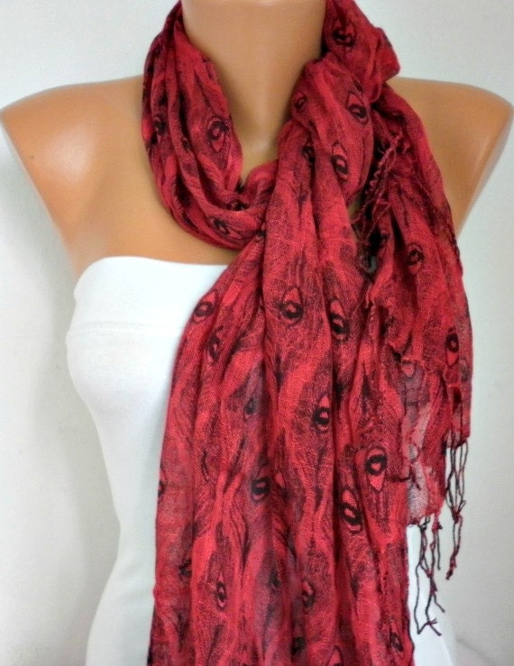 Peacock Scarf  Shawl Scarf -  Cowl Scarf  Red - fatwoman