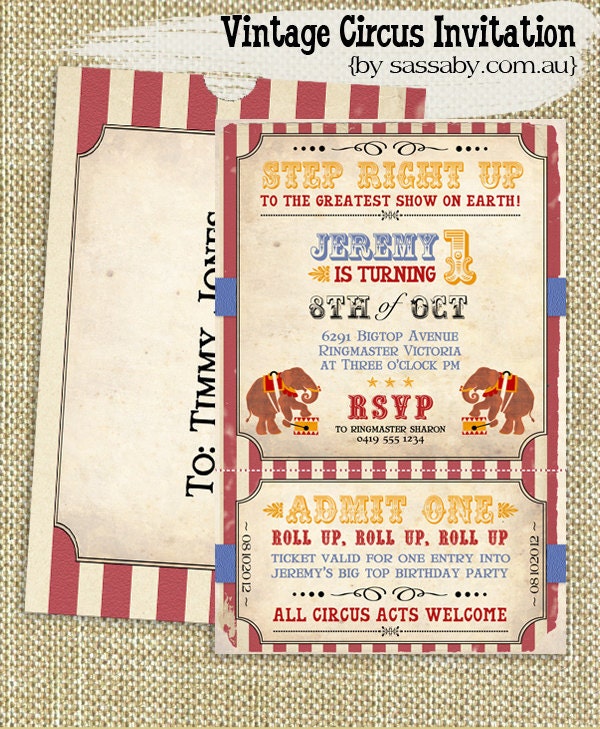 Vintage Circus Invitation - Kids Birthday Party - DIY PRINTABLE FILE by Sassaby