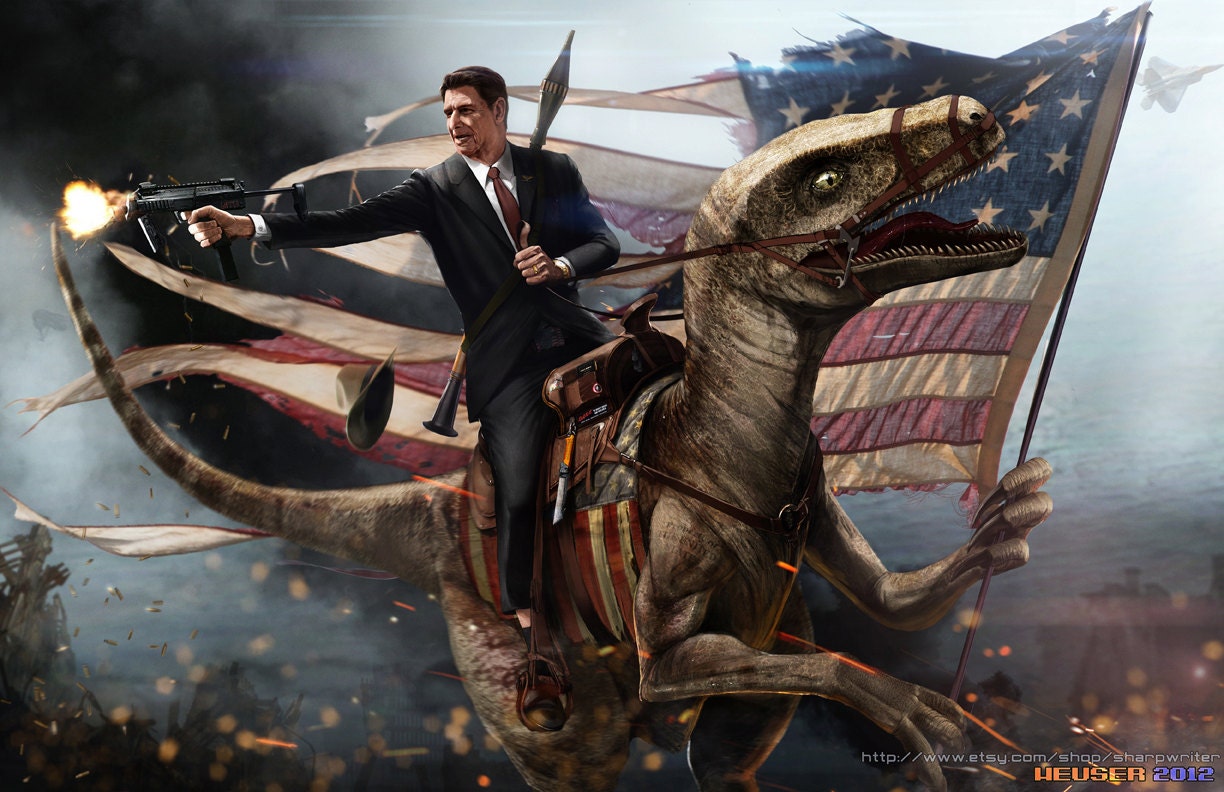 Ronald Reagan Riding a Velociraptor HQ 11x17 Print