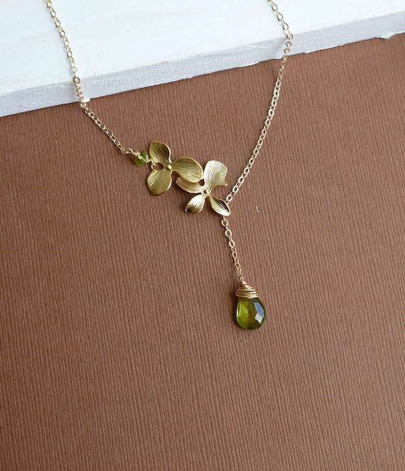 Peridot and Orchid Gold Fill Necklace -- Custom Birthstones Available
