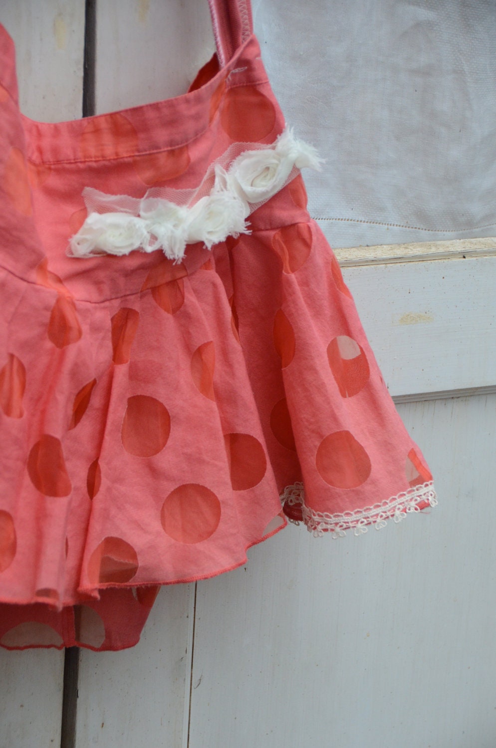 Winter orange peach pink apricot polka dot flouncey ooak bag purse ipad bag gym bag lovely Shabby vintage lace shabby chic upcycled