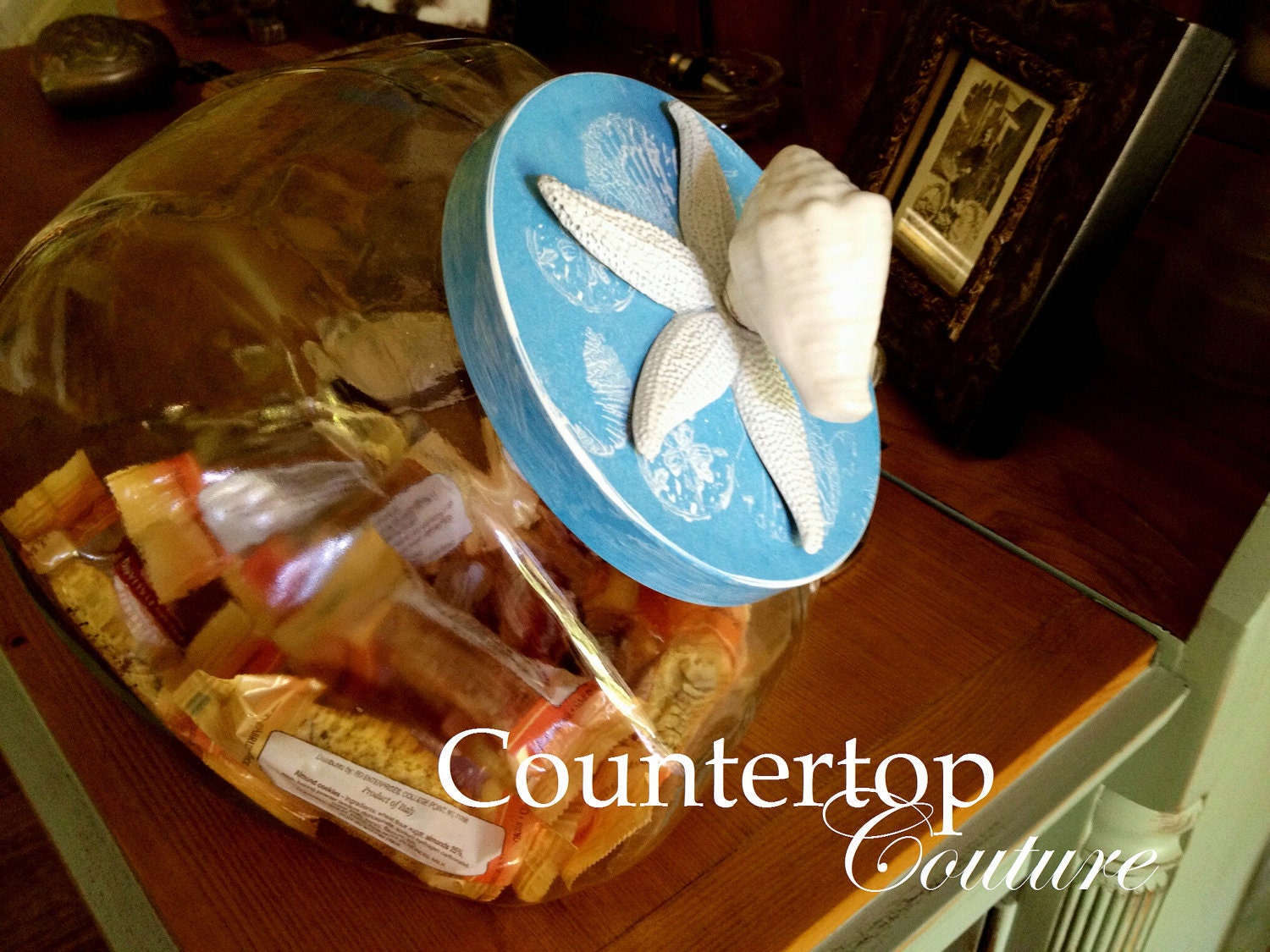 Coastal Chic Beachy Blue and White Shell and Starfish Jar