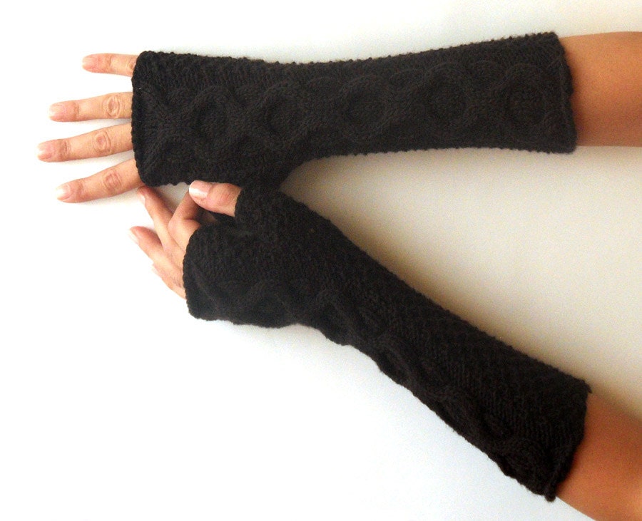 Knit Cashmere Fingerless Gloves Long Cable Arm Warmers Coffee Brown Hand Warmers Women's Warm Fingerless Mittens - KG0033 - Aimarro