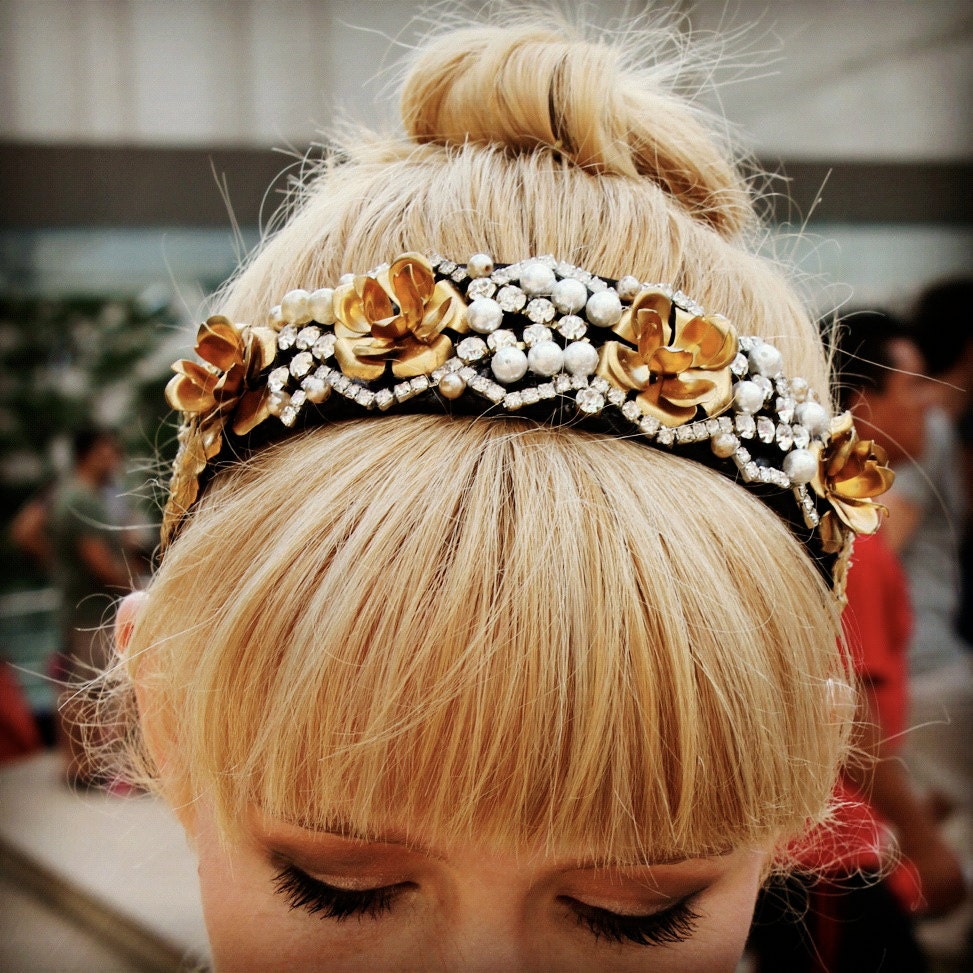 Baroque Dolce and Gabbana Inspired- Ornate Tiara-Headband-Pearls Gold Roses Rhinestones Gold Leafing-Couture Runway