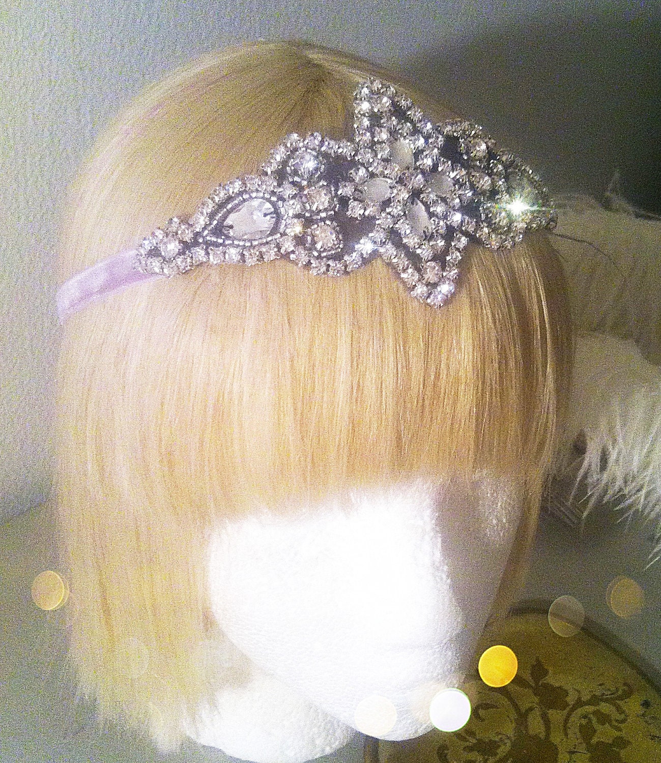 Winter Solstice Crystal Princess Crown Headband Tiara Antique 1920s  Flapper Velvet  Ribbon Vintage Bride New Years Eve Headpiece