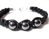 Knotted Leather Bracelet Macrame Unisex Grey Hemitite Beads Men Women Rocker OOAK Handmade.