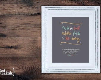 Wall Art (LifePrints) - Faith in God (grey, yellow, teal, orange, creme) Romans 8:28 - 8 x 10 Print