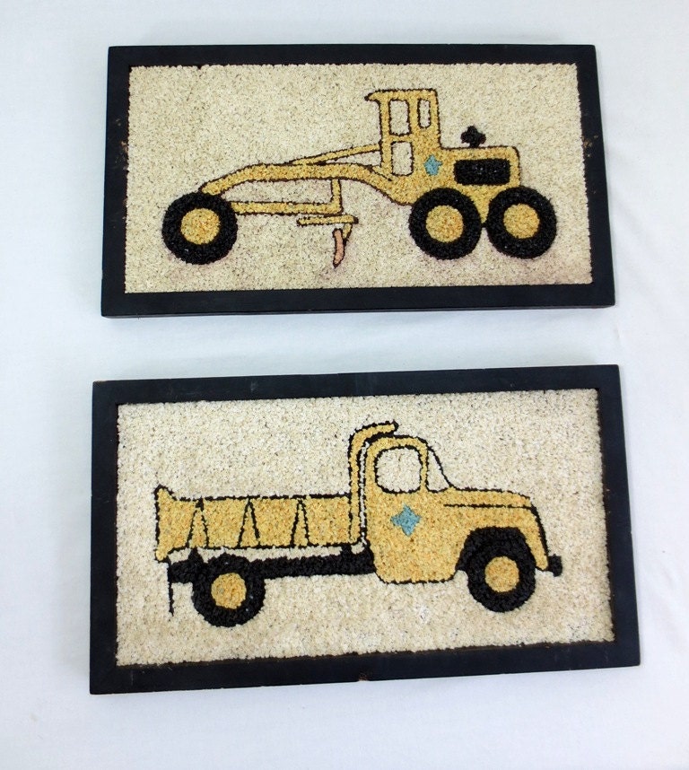 Vintage Gravel Art Yellow Grader and Dump Truck Folk Art