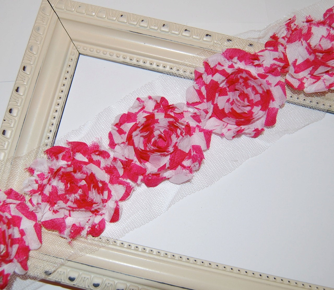 Shabby Rose Trim - Shabby Flowers  Hot Pink Zebra - Shabby Flowers 1/2 yard - Chiffon flowers Trim - Shabby Chic  Fabric Flowers